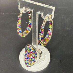 JCM Silver Tone Tutti Frutti Multicolor Rhinestones Hoop Earrings Sz 7 Ring Set